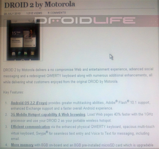 Droid 2即将上市 确认搭载Android 2.2