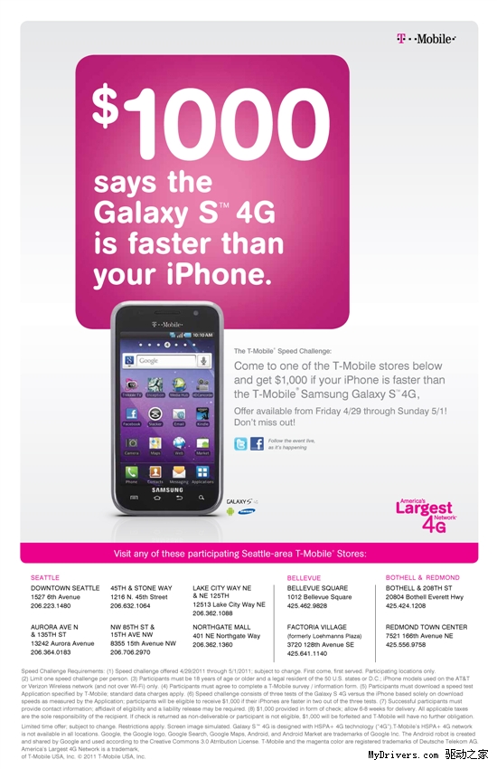 T-Mobile：谁的iPhone比Galaxy S 4G网速快奖$10000