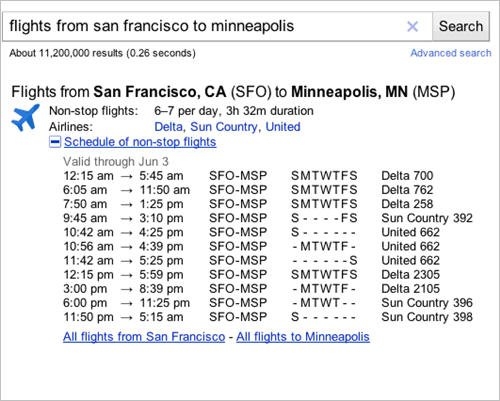 谷歌正式在搜索结果中添加航班信息