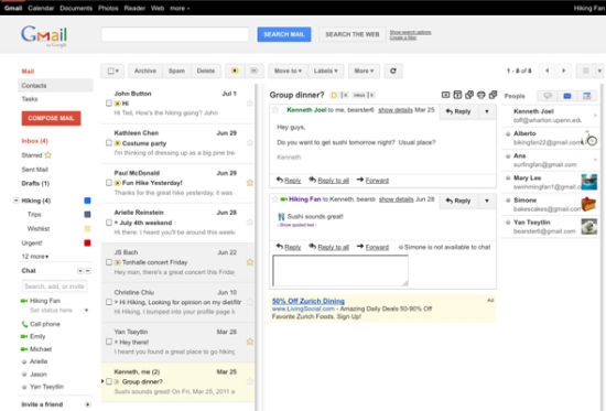 Gmail实验室引入双栏模式 效果如使用iPad