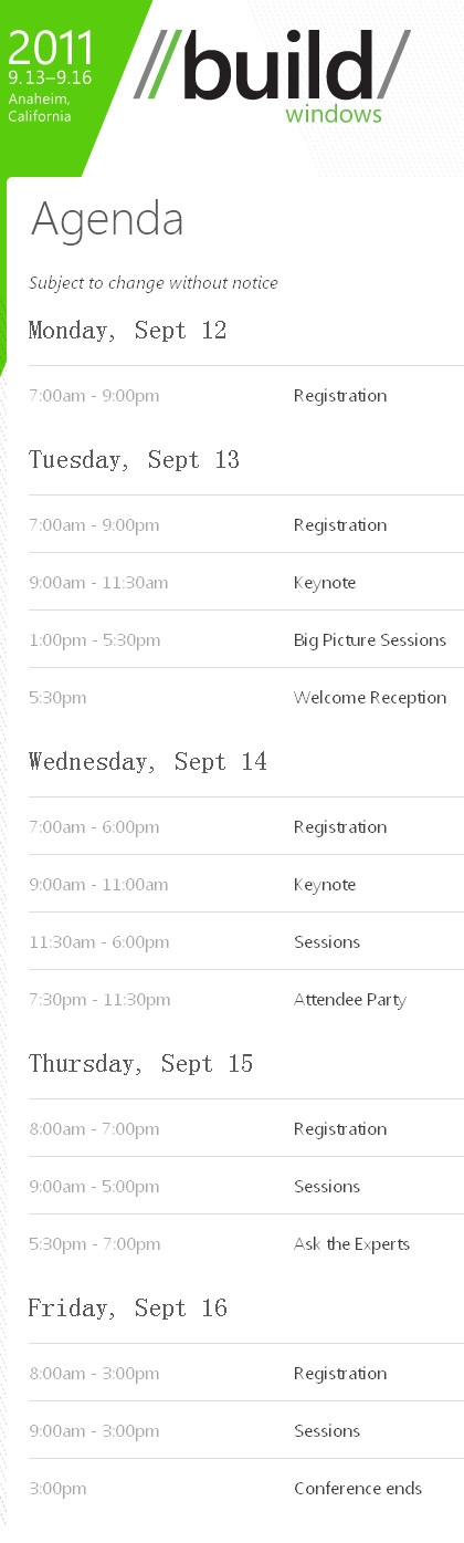 微软公布BUILD 2011大会详细流程
