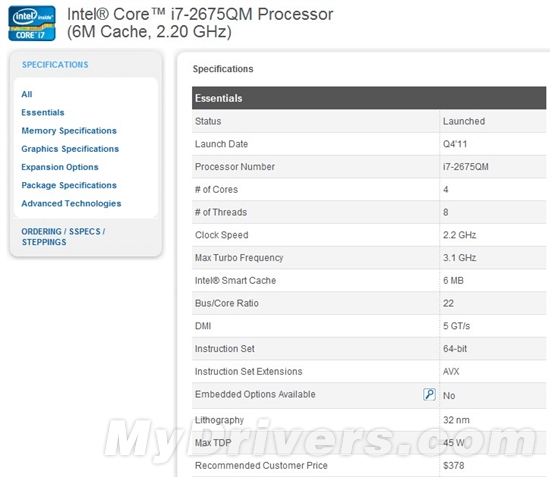 Core i7-2675QM/i5-2435M GPU100MHz