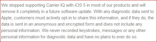 苹果发布声明：iOS 5设备停止支持Carrier IQ
