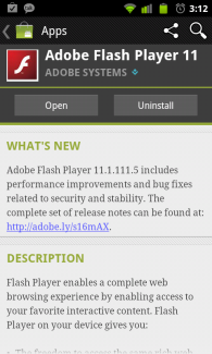 Android版Flash Player 仍然没有ICS支持