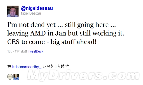 AMD首席营销官Nigel Dessau一月离职