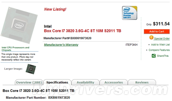 四核版SNB-E Core i7-3820接受预订 价格超300美元