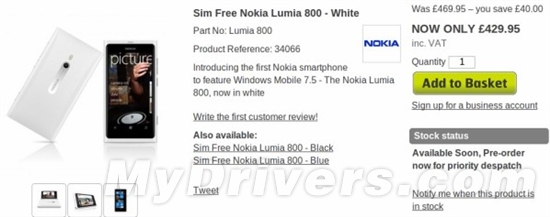 白色版诺基亚Lumia 800英国开订