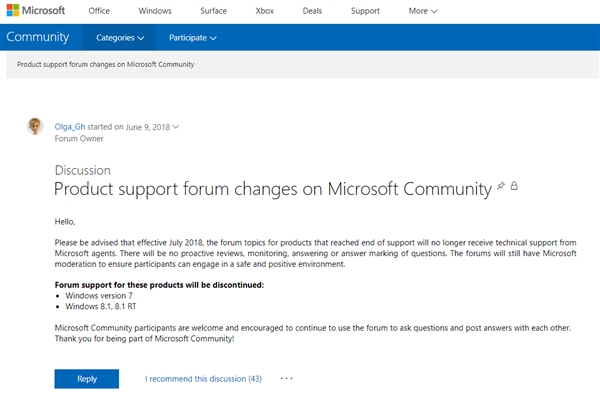 微软宣布停止支持官方论坛Win7分版：加速淘汰步伐