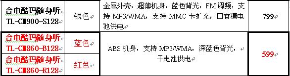 台电（TECLAST）酷玛MP3系列报价单