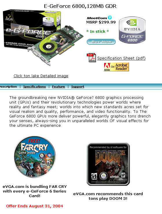 nVIDIA 6800系列捆绑Doom3、Farcry销售