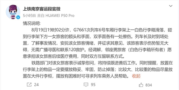 女子乘高铁被行李箱砸中崩溃大哭:邻座旅客承担医疗费用