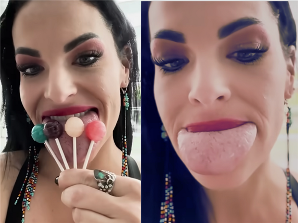 长宽都有7.9cm、可同时舔4颗棒棒糖:美国女子舌头太猛了