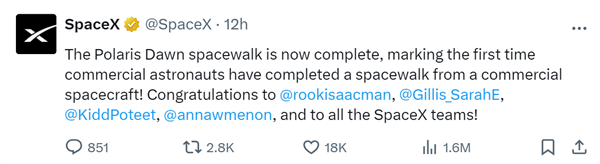 SpaceX再创历史 人类首次商业太空行走成功