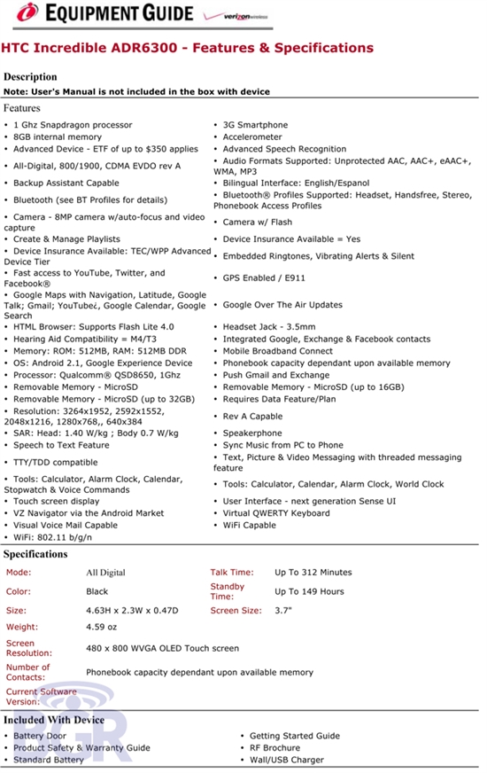 HTC Android新机Incredible详细规格曝光