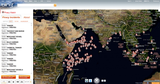 看微软Bing地图 了解海盗动向