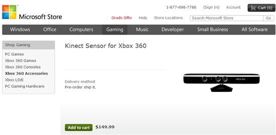 微软官方接受Kinect预订 售价149.99美元