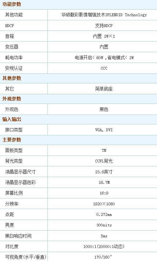 A+级液晶面板 华硕23.6吋宽不足1500