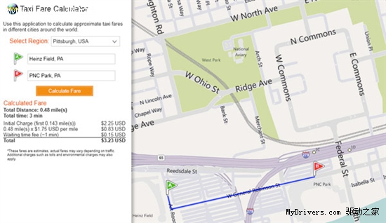 Bing地图新增出租车费用计算功能