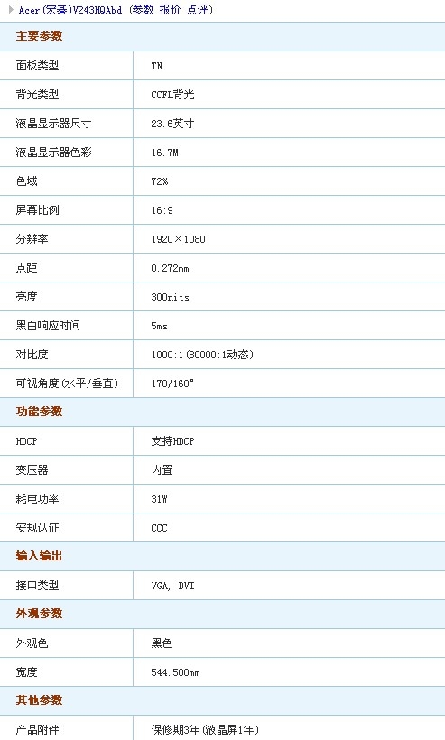 16:9比例+双接口 宏碁23.6吋宽有卖