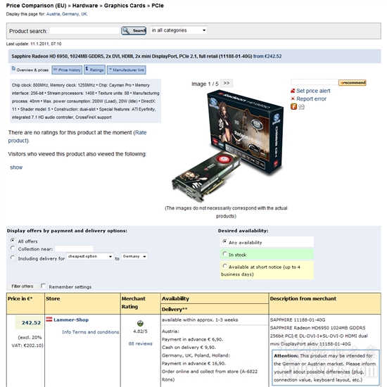 蓝宝1GB Radeon HD 6950已然可以预订