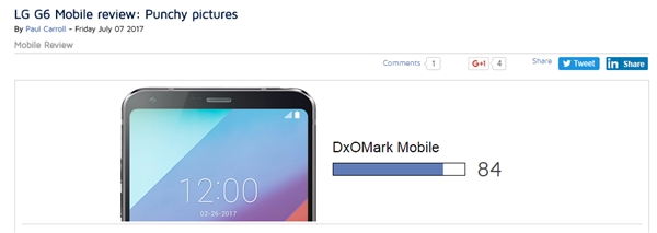 ֪����������������LG G6���յ÷֣�84�� ���ֲ���G5