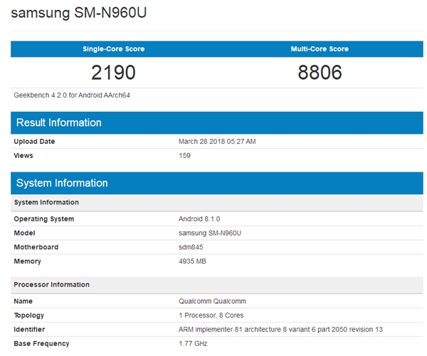 845+׿8.1Galaxy Note9Geekbench