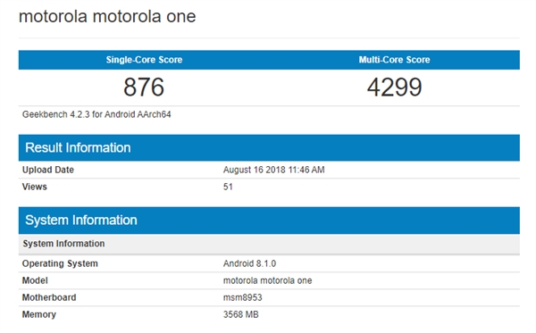 Moto One�ֻ�����Geekbench��������Android One