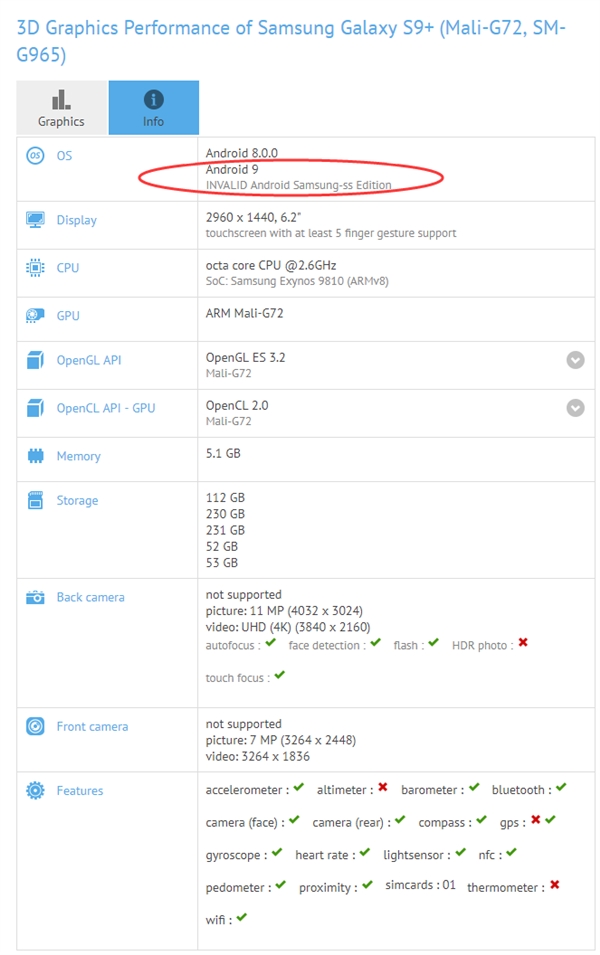 ����Galaxy S9+����GFXBench�����а�׿9.0