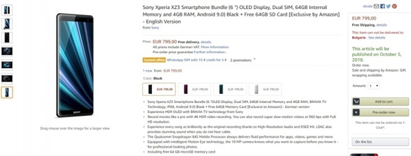 ����Xperia XZ3��ŷ�޿���Ԥ����799ŷԪ