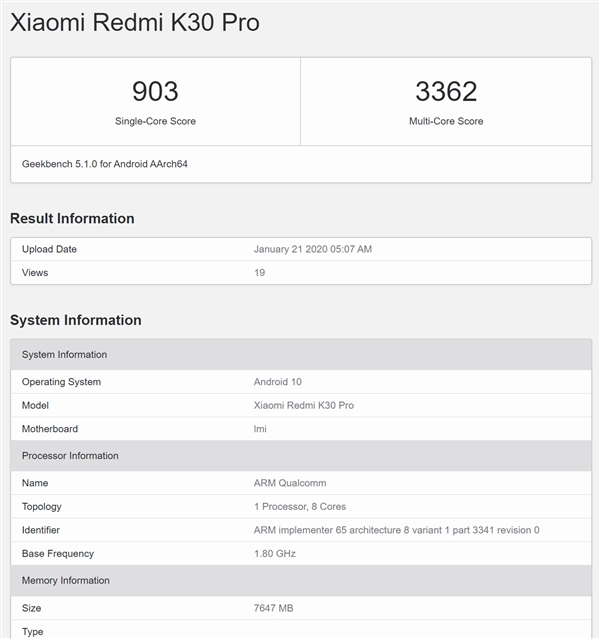 865ӳ/Լ۱ Redmi K30 ProGeekBench