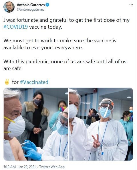 联合国秘书长接种第一剂新冠疫苗：称要确保每个人都获得疫苗
