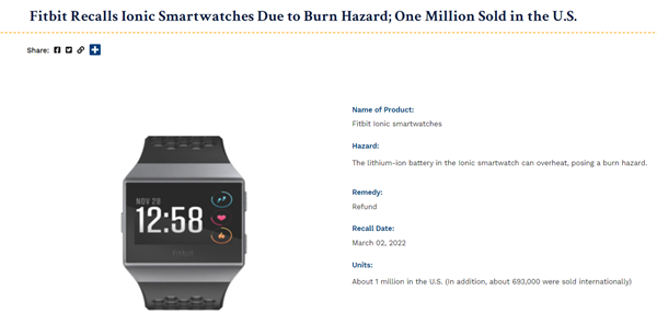 21亿美元卖身谷歌！Fitbit全球召回170万块智能手表：存在烧伤危险