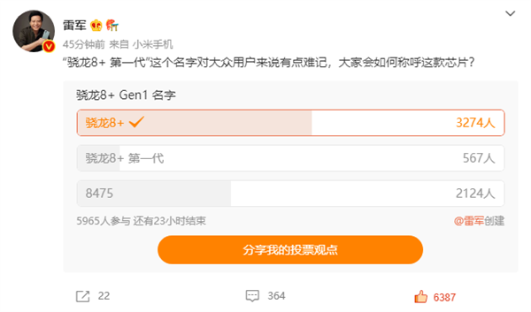 雷军投票征集“骁龙8+ 第一代”叫法：小米12 Ultra首发稳了