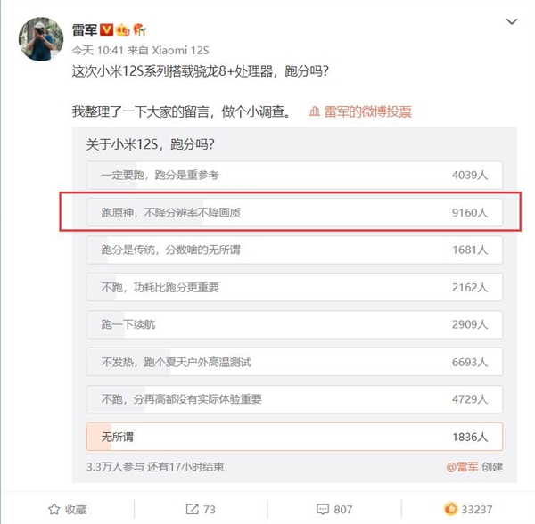 雷军问小米12S系列要不要跑分 网友投票建议跑《原神》