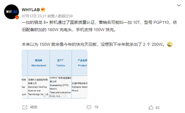 骁龙8+新旗舰！一加10T入网：配备160W充电头