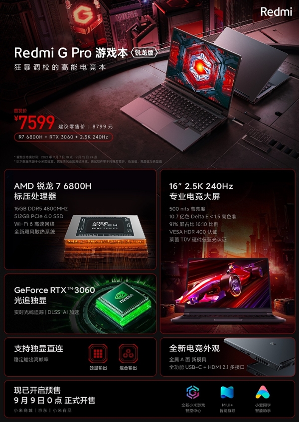 RTX 3060狂暴性能 Redmi G Pro游戏本锐龙版首发7599元