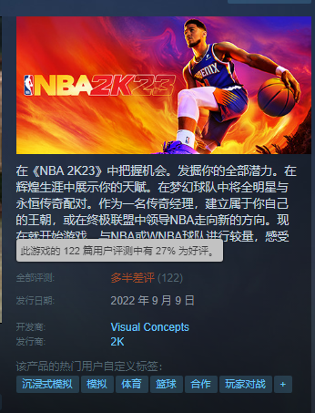 《NBA 2K23》Steam多半差评：年年换皮年年买