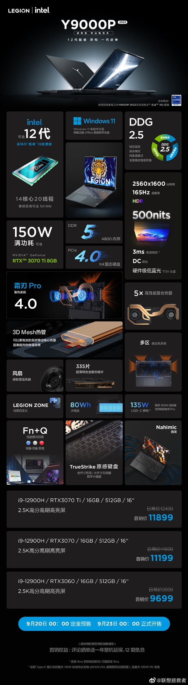 联想拯救者Y9000P i9版终于开卖：3070Ti顶配要11999元