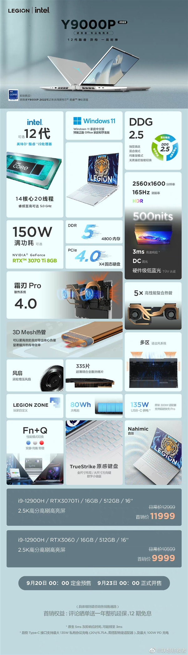 联想拯救者Y9000P i9版终于开卖：3070Ti顶配要11999元