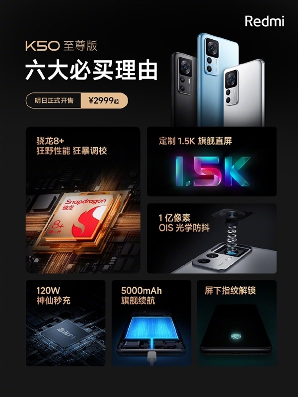 1.5K的骁龙8+狂暴旗舰！Redmi K50至尊版官宣降价300元