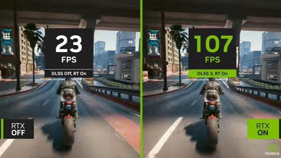 《赛博朋克2077》NVIDIA DLSS 3开启前后对比：性能提升高达4倍！