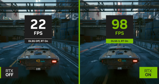 《赛博朋克2077》NVIDIA DLSS 3开启前后对比：性能提升高达4倍！