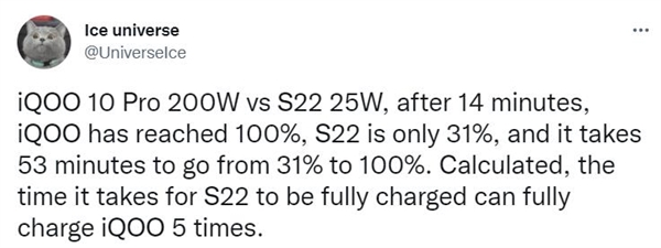 三星Galaxy S22充电速度输给对手：充满1次电时间iQOO 10 Pro能充5次