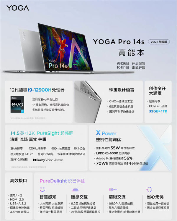 i9+32GB+1TB三花聚顶！联想YOGA Pro 14s高能本到手8699元