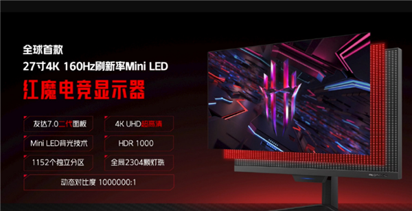 红魔电竞显示器来了：全球首款27英寸4K/160Hz miniLED屏