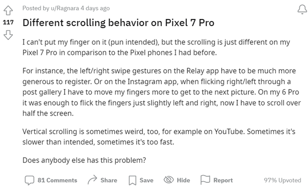 谷歌近七千旗舰机又出问题：Pixel 7 Pro被吐槽屏幕滑动不畅