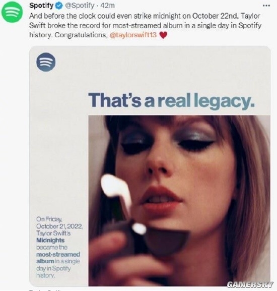 泰勒·斯威夫特新专辑 打破Spotify单日最高播放纪录
