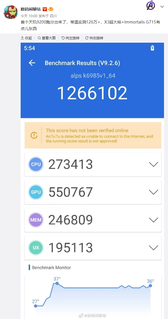 坐稳顶级旗舰！联发科天玑9200安兔兔常温跑分超126万