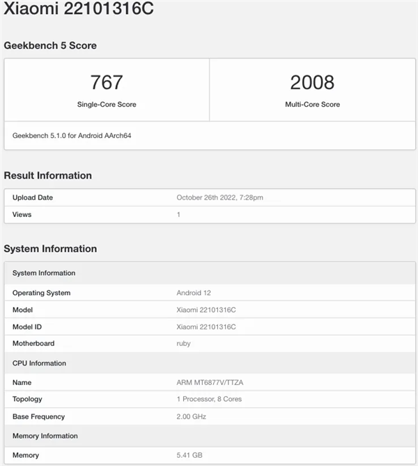 Redmi Note 12 Pro跑分现身Geekbench：天玑1080与天玑920成绩相仿