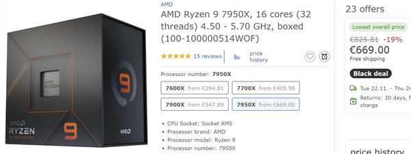 AMD Zen4欧洲价格大跳水：锐龙9 7950X暴跌超21％